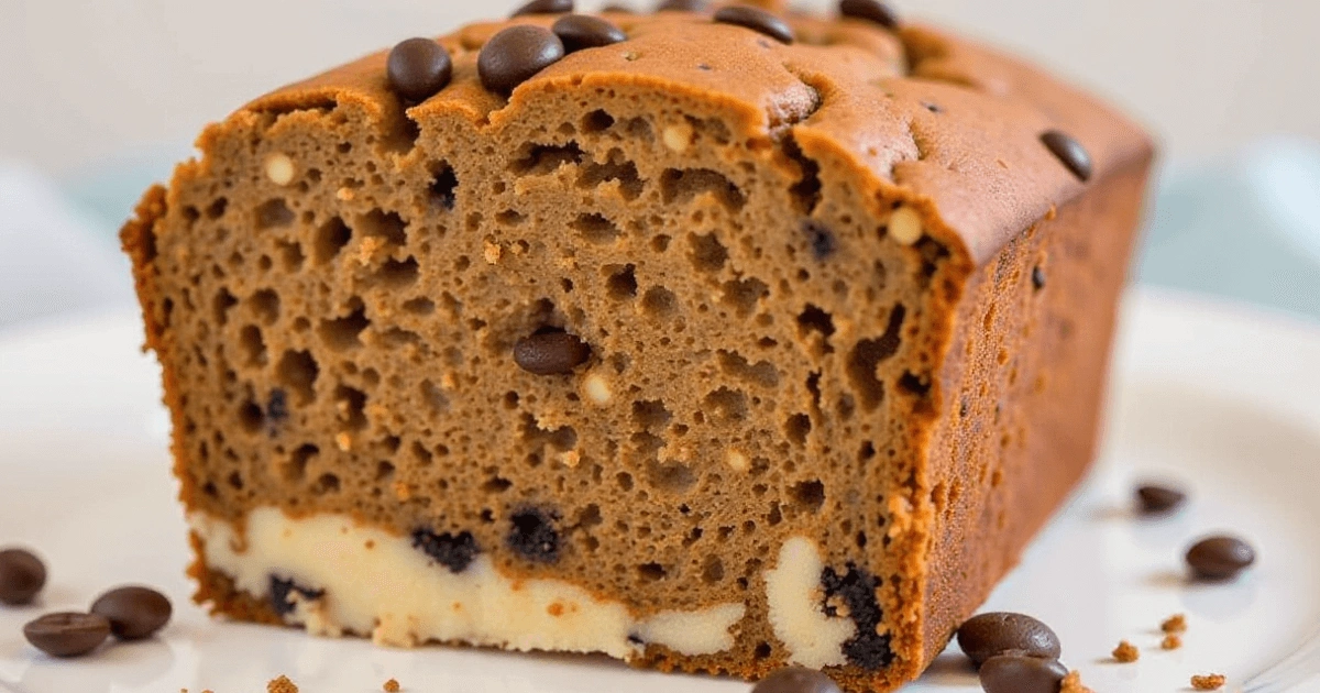 A slice of Cardamom Coffee Banana Bread showing a moist, fluffy interior with hints of coffee and cardamom, resting on a rustic wooden surface.