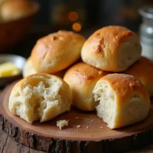 A stack of warm, golden-brown sourdough dinner rolls resting on a rustic wooden board, with two rolls torn open to reveal their soft, airy crumb. A dish of butter and a cozy, softly lit background enhance the inviting atmosphere.