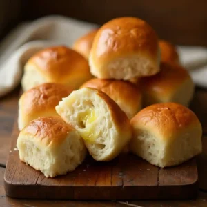 A stack of golden-brown no-yeast dinner rolls on a rustic wooden board, with one torn open revealing a soft, airy interior and melted butter inside.