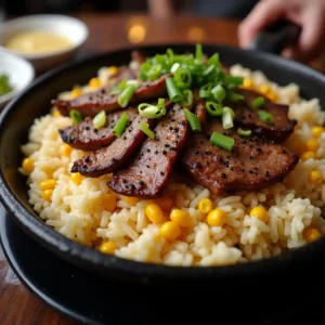 A sizzling hot plate of beef pepper rice, featuring tender slices of seared beef on a bed of garlic butter rice with sweet corn. The dish is garnished with freshly chopped green onions and a generous sprinkle of black pepper.