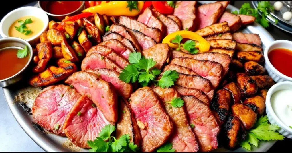 A beautifully arranged platter of thinly sliced beef steaks