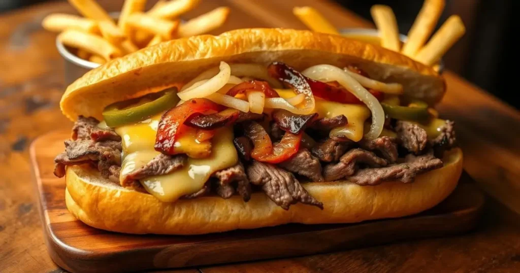 thinly sliced beef topped with melted cheese