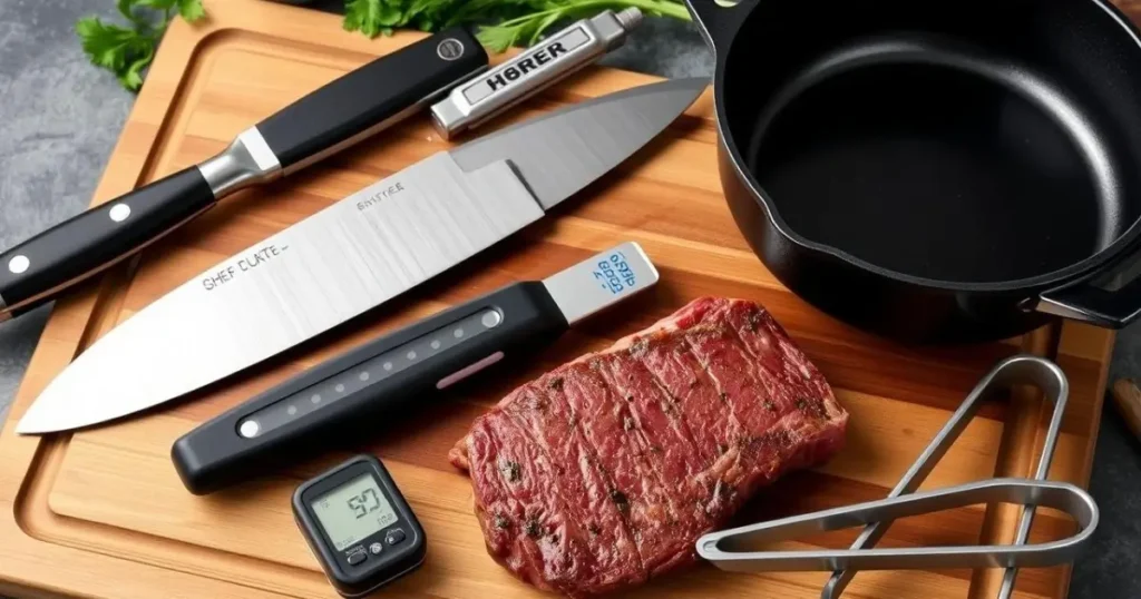 An assortment of essential kitchen tools for cooking thin cut steak