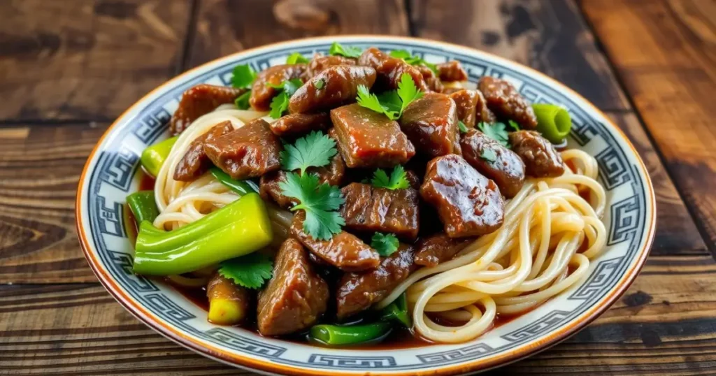A steaming plate of beef chow fun