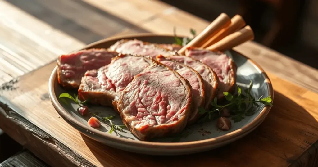 A beautifully arranged lamb breast plate on a rustic wooden table