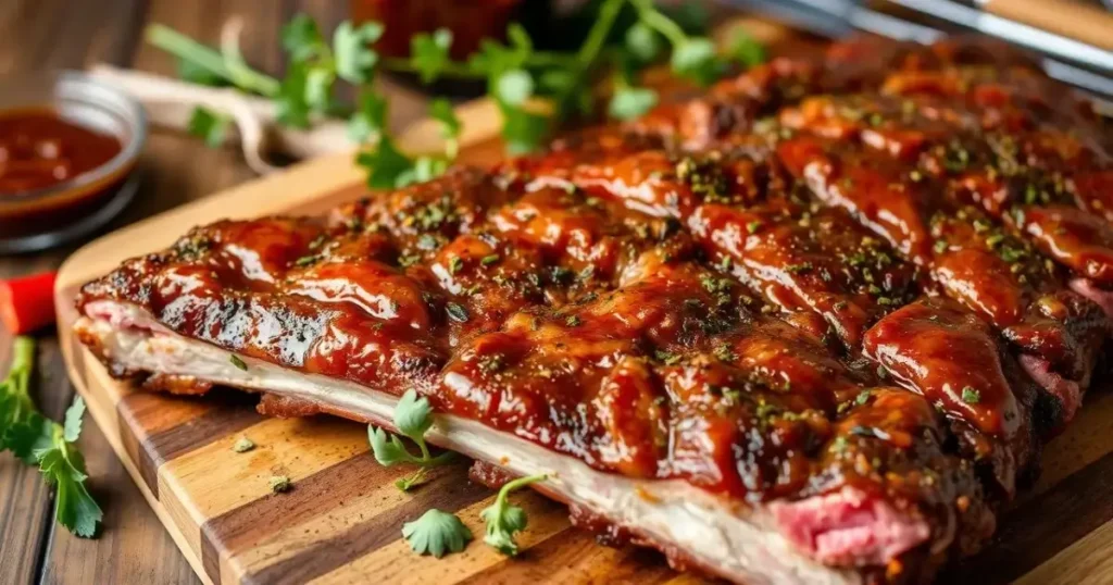  marinated beef back ribs on a wooden cutting board