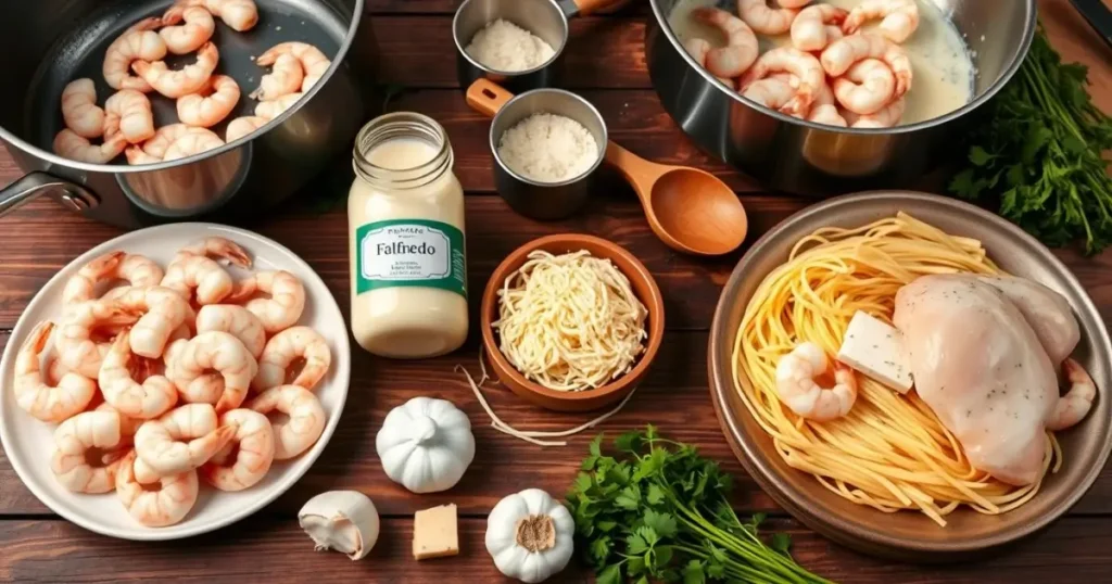 the essential ingredients for Chicken and Shrimp recipe