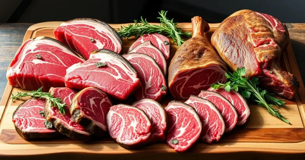 A beautifully arranged display of various high-quality cuts of beef and lamb