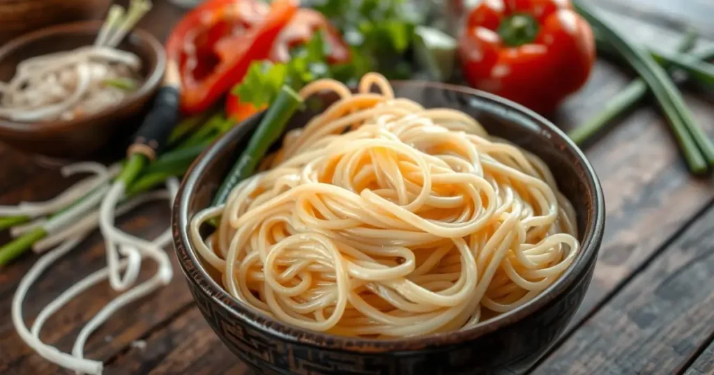 A close-up of freshly cooked ho fun noodles