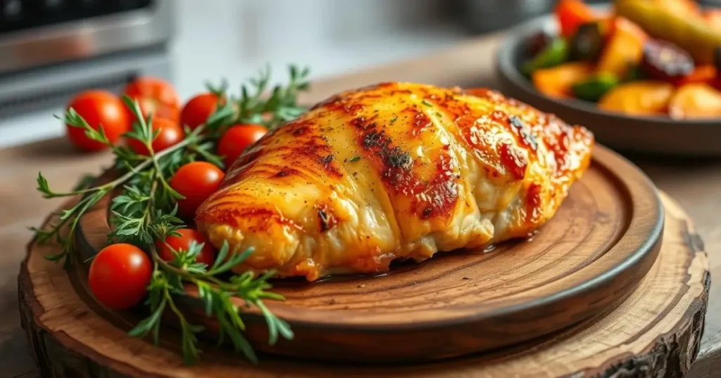 A perfectly golden brown air fryer chicken breast on a rustic wooden plate