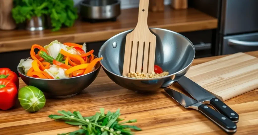 kitchen scene showcasing essential stir fry cooking tools