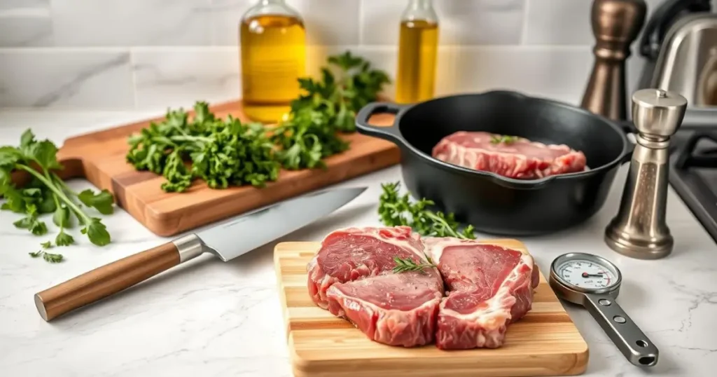 A beautiful kitchen countertop displaying essential tools for cooking lamb shoulder chops