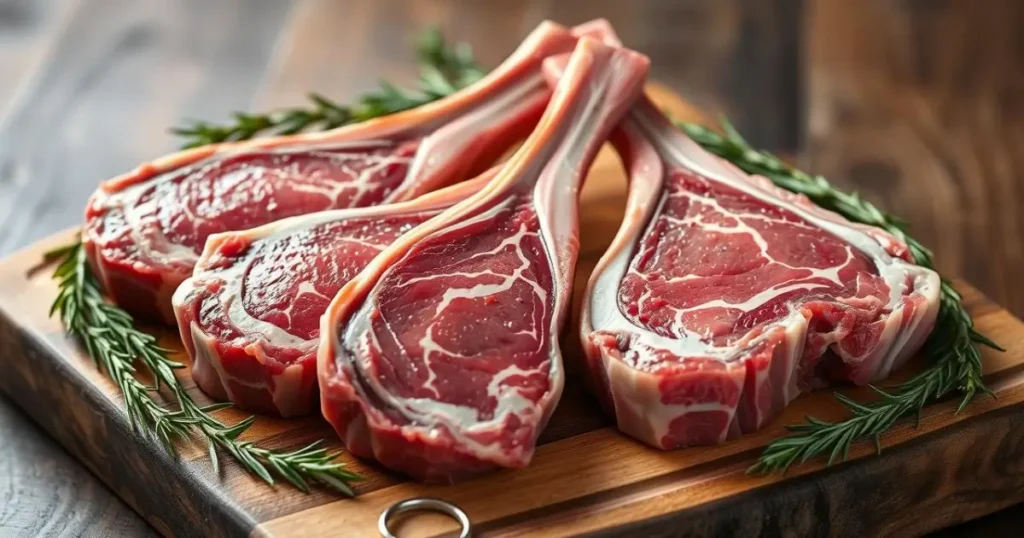 A beautifully arranged display of fresh lamb shoulder chops, showcasing their marbled texture and rich color