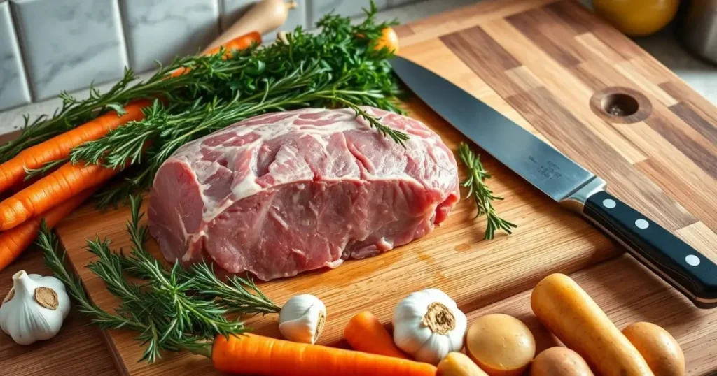 A beautifully arranged kitchen counter with a raw lamb loin roast