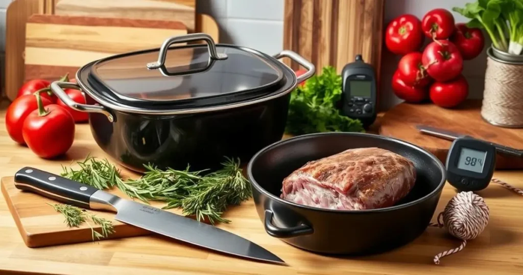 A beautifully arranged kitchen countertop showcasing essential equipment for roasting lamb loin