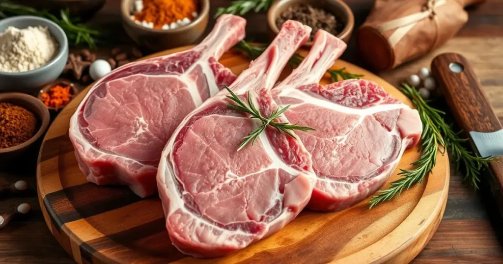 A close up arrangement of raw lamb shoulder chops on a rustic wooden cutting board, garnished with fresh herbs like rosemary and thyme