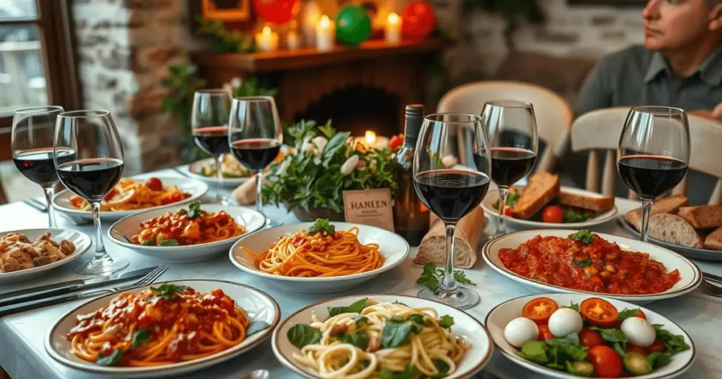 birthday dinner featuring a variety of pasta dishes
