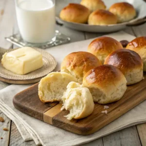 A batch of freshly baked no yeast rolls with a golden-brown crust, placed on a rustic wooden board. One roll is torn open, revealing a soft and fluffy interior. A slab of butter sits on a small plate beside a glass of milk, creating a cozy and inviting kitchen scene.