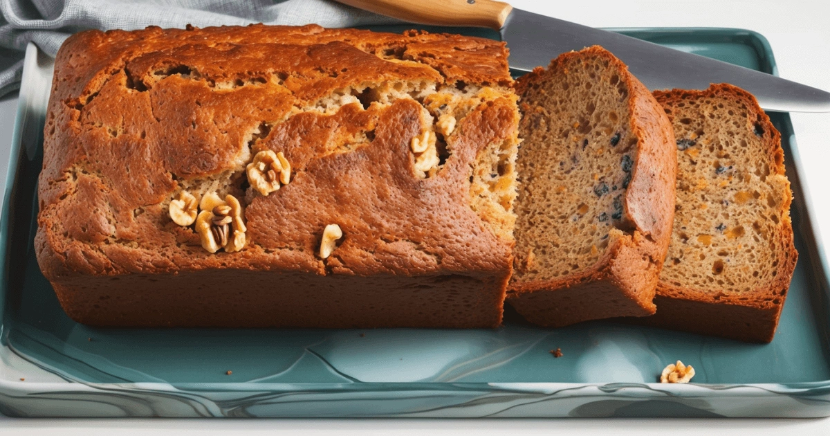 A freshly baked loaf of banana bread, golden brown and sliced, served on a wooden board with a few banana slices on the side.