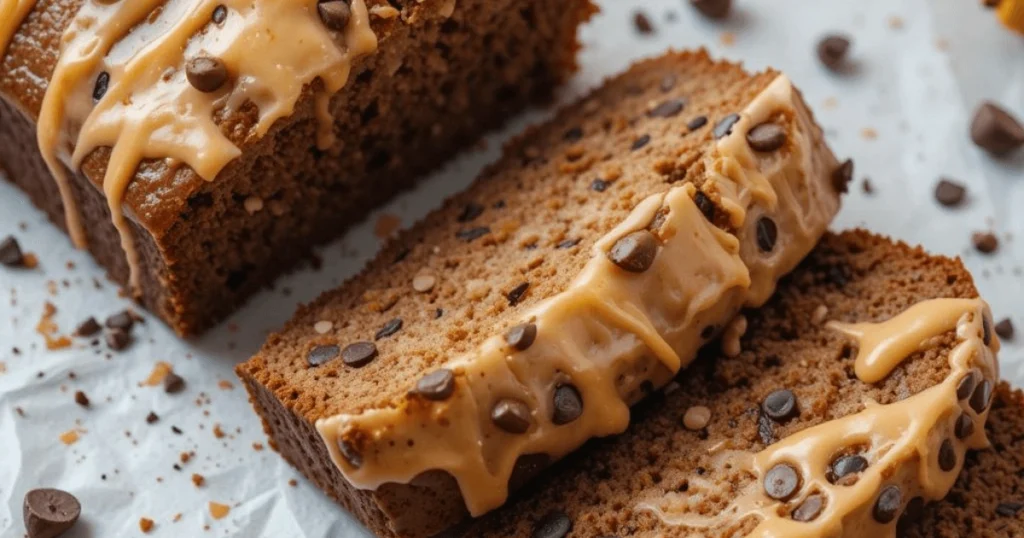 A freshly baked loaf of Cardamom Coffee Banana Bread with a golden-brown crust, sliced to reveal a soft, moist interior speckled with cardamom and coffee flavors.
