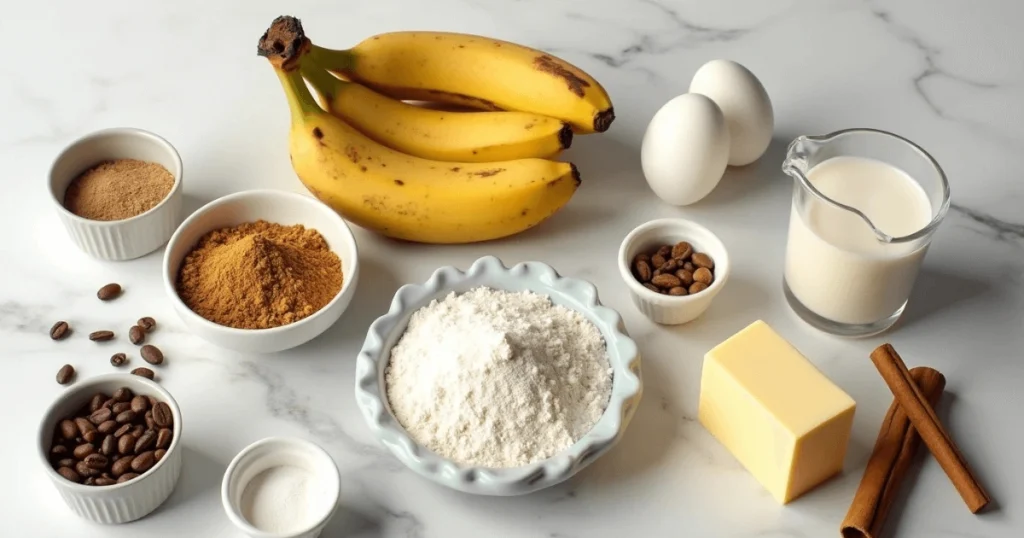 A variety of ingredients for Cardamom Coffee Banana Bread, including ripe bananas, ground coffee, cardamom, flour, sugar, and eggs, arranged on a wooden countertop.