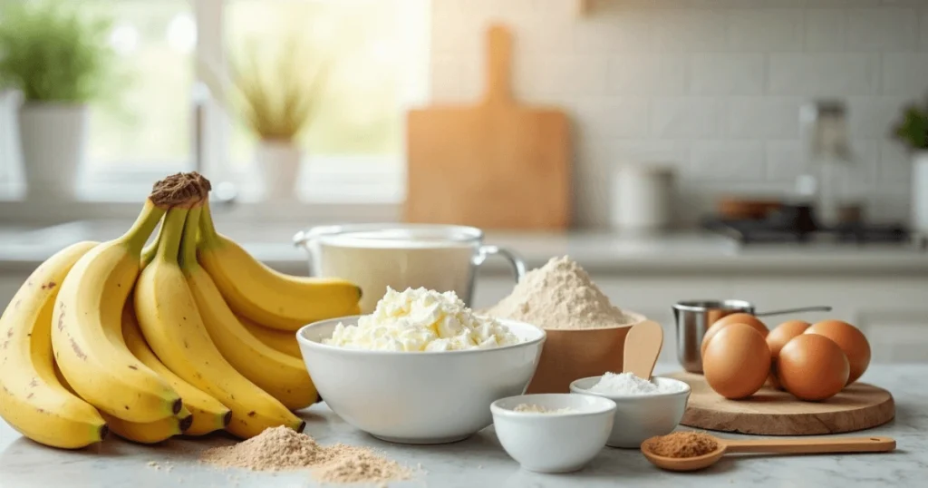 Bananas and baking ingredients arranged on a kitchen counter, including flour, eggs, sugar, and a bowl of butter, with a bright kitchen background.