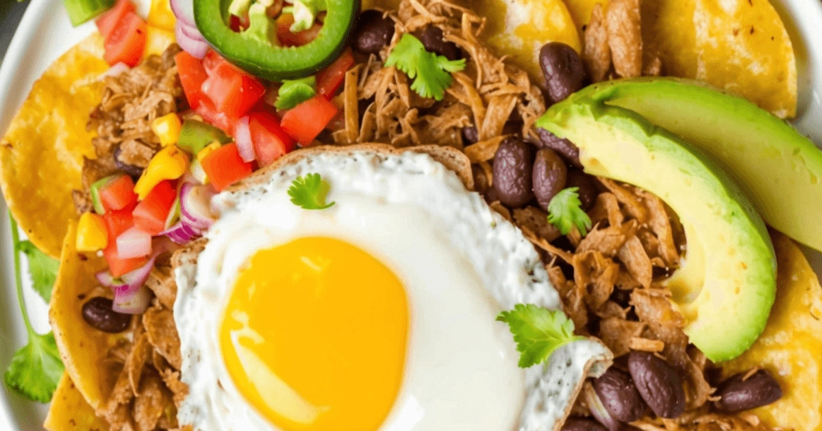 A plate filled with carnitas breakfast with eggs, showing golden scrambled eggs mixed with tender pork carnitas, ready to be served.