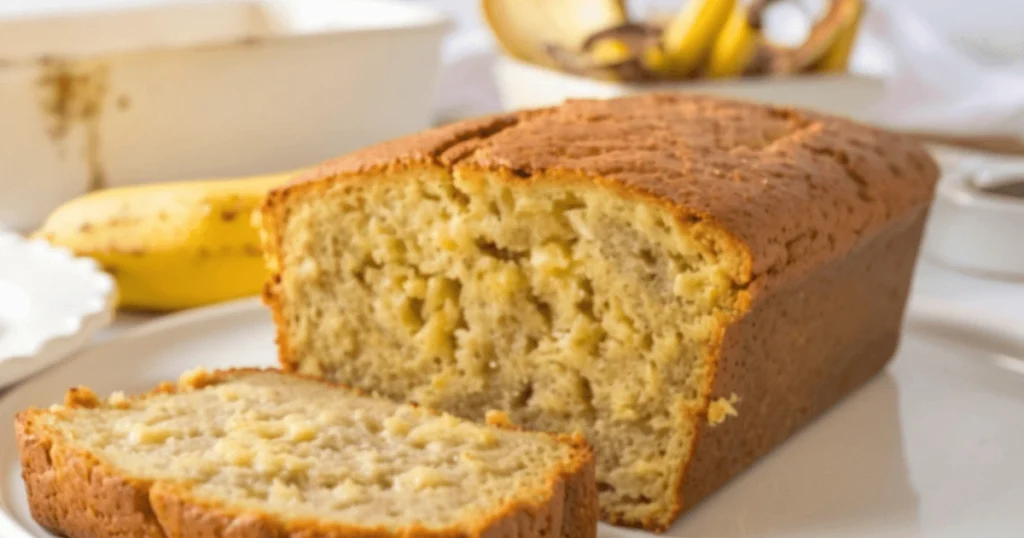 A rustic wooden board holding a freshly baked loaf of Hawaiian banana bread, surrounded by tropical ingredients like bananas and coconut.