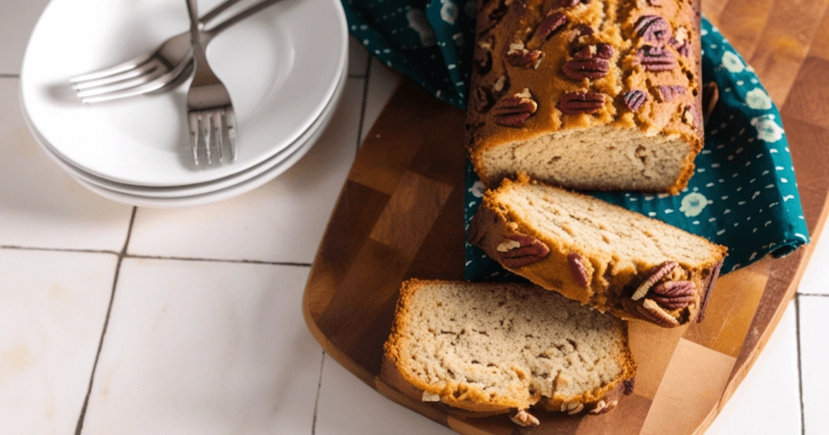 Golden-brown cream cheese banana bread topped with a cinnamon swirl
