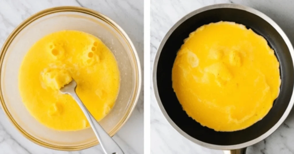 Two-step process of making an omelette: whisked eggs in a glass bowl on the left and eggs cooking in a non-stick pan on the right.