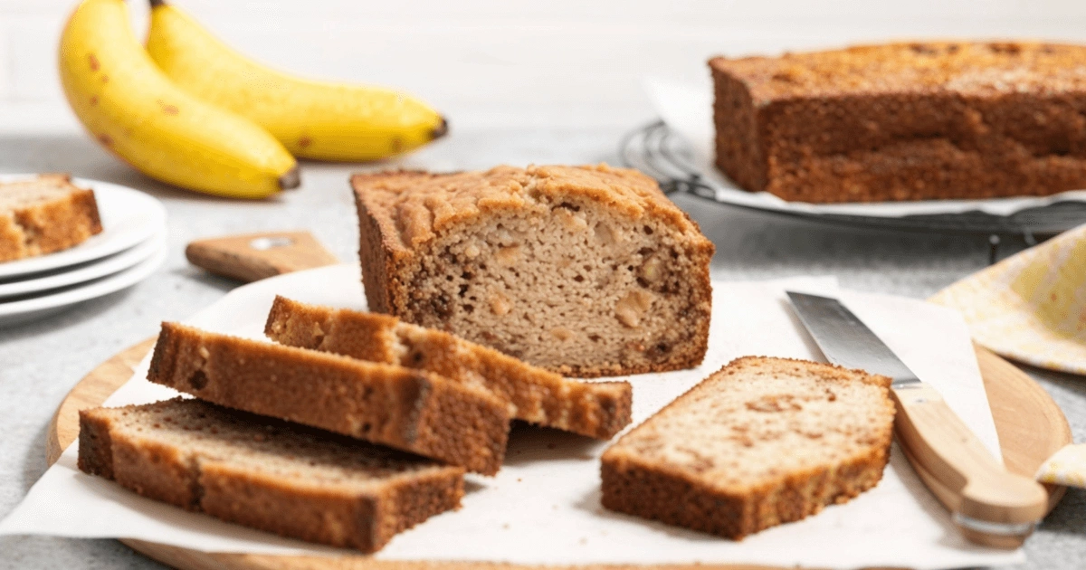 A slice of moist Pineapple Banana Bread on a white plate, garnished with shredded coconut and a pineapple wedge, showcasing its soft texture and tropical flavors.