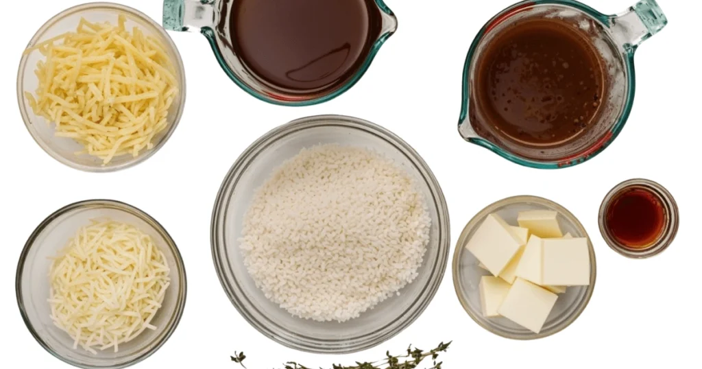 A variety of ingredients for French Onion Soup Rice, including caramelized onions, beef broth, rice, shredded cheese, and fresh thyme sprigs neatly arranged on a kitchen counter.