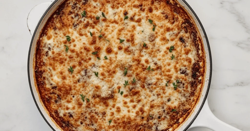 A skillet filled with creamy French Onion Soup Rice, topped with golden, melted cheese and garnished with fresh thyme sprigs. A spoon lifts a portion, showcasing the gooey, cheesy texture.