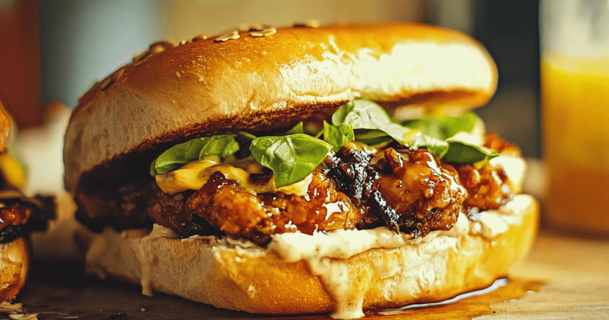 A close-up of a crispy Hot Honey Chicken Sandwich on a toasted brioche bun, drizzled with spicy-sweet glaze and topped with pickles, served on a rustic wooden board