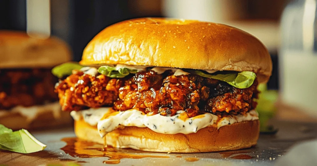 A mouthwatering Hot Honey Chicken Sandwich with a glossy glaze, fresh pickles, and a toasted bun, ready to be devoured.