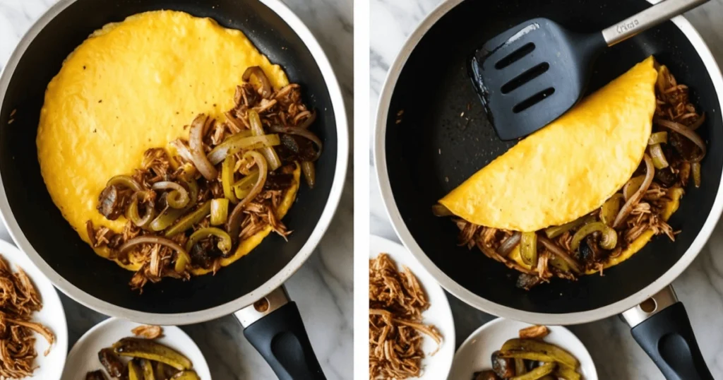 A skillet with a half-folded omelette stuffed with carnitas, sautéed onions, and bell peppers, with additional filling in small bowls nearby.