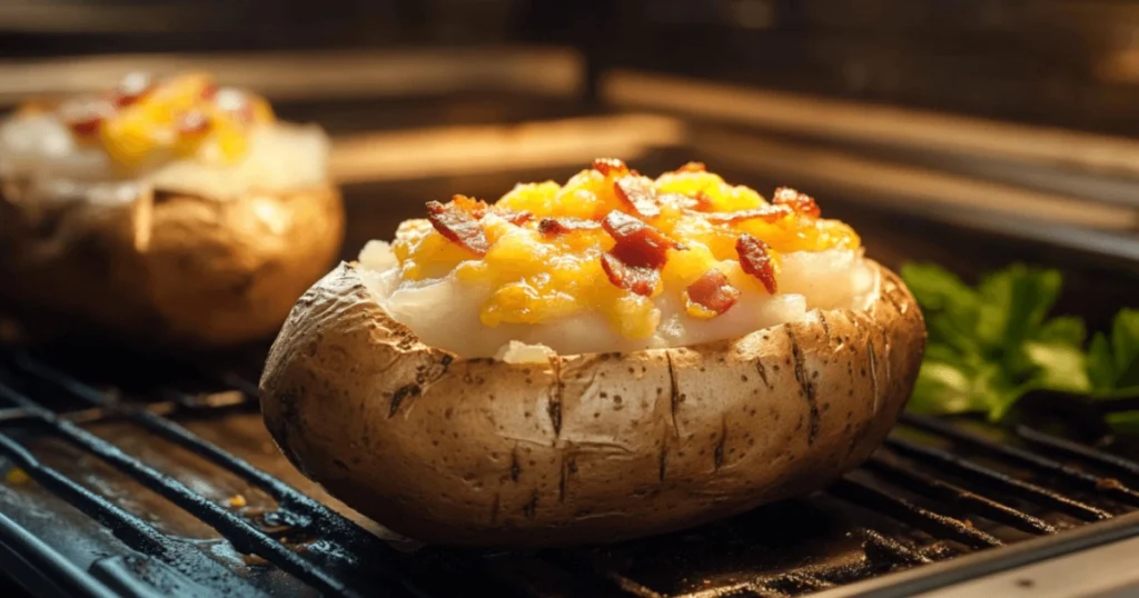 A close-up of a baked potato in a toaster oven, topped with melted cheddar cheese and crispy bacon bits.