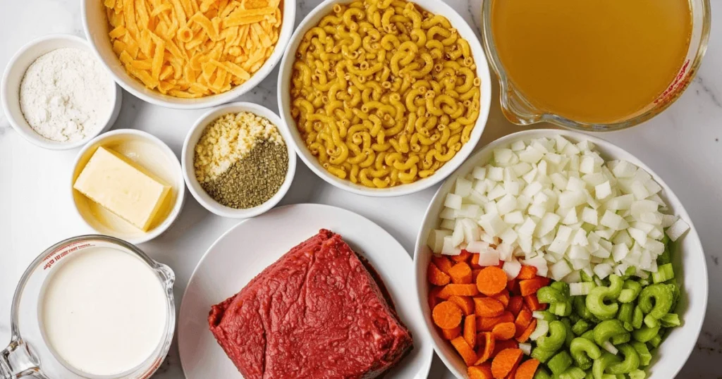 Ingredients for cheeseburger macaroni soup, including ground beef, shredded cheddar cheese, elbow macaroni, diced onions, carrots, celery, milk, butter, flour, broth, garlic, and seasonings, neatly arranged in bowls