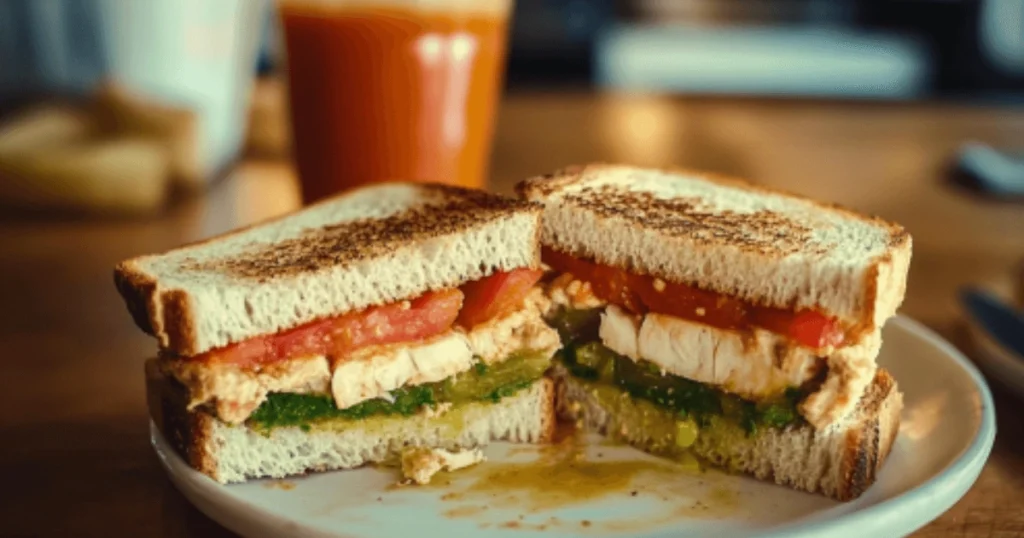 Classic grilled chicken and tomato sandwich with fresh greens, served with creamy potato soup.