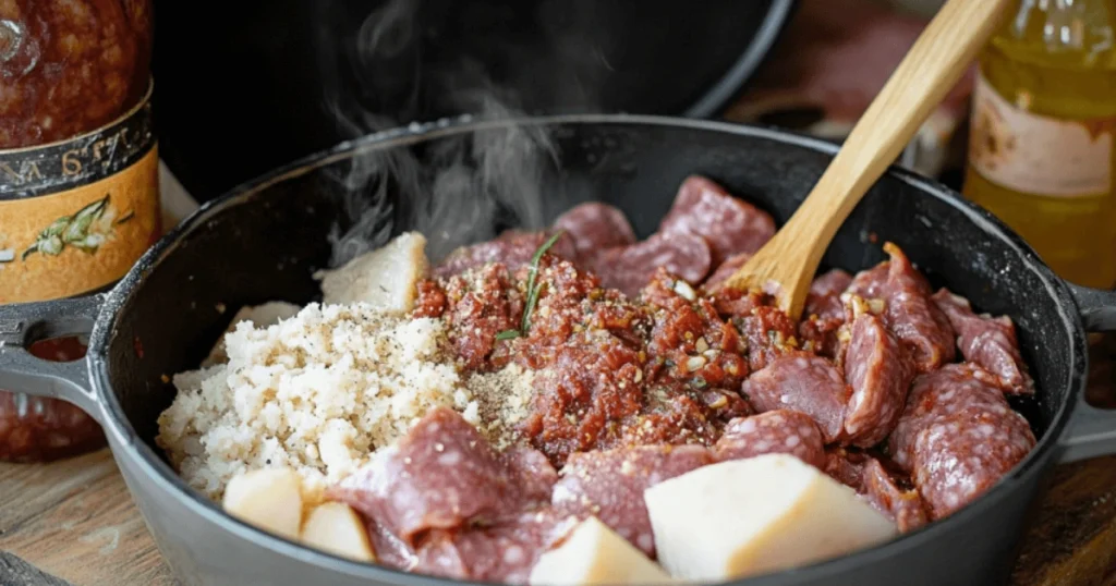 Cooking Roma hot Italian sausage in a skillet with tomato sauce, grated Parmesan, and potatoes