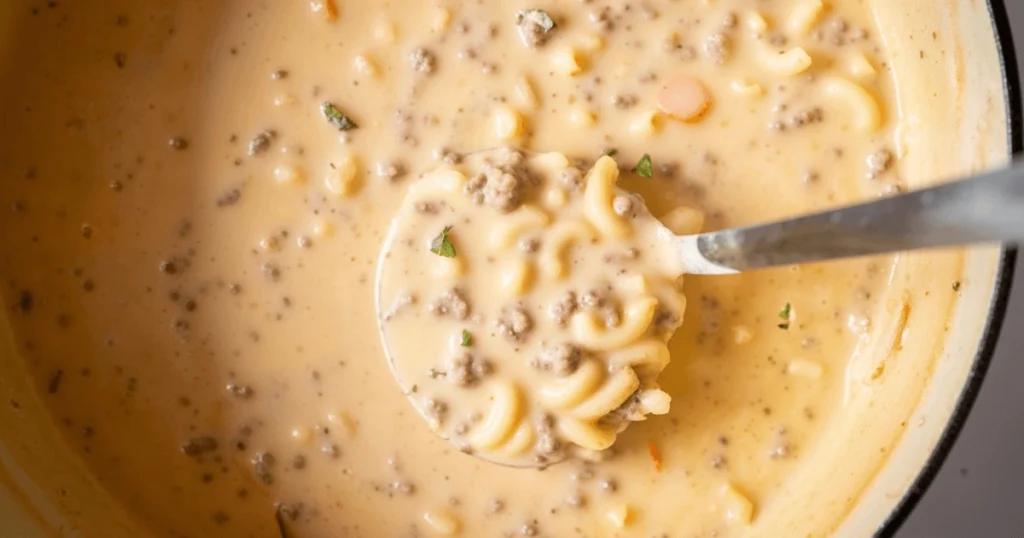 A close-up of a ladle scooping creamy cheeseburger macaroni soup from a pot, highlighting ground beef, macaroni, and fresh herbs in the rich, cheesy broth.