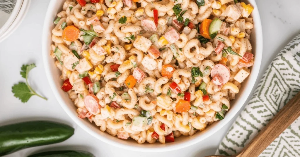 A close-up of Mexican Macaroni Salad with colorful diced vegetables, corn, and fresh herbs in a creamy dressing, served in a white bowl.