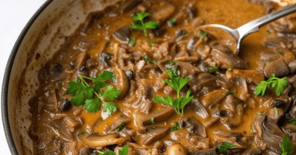 A pan of creamy vegan mushroom sauce with sliced mushrooms in a thick, flavorful gravy, garnished with fresh parsley.