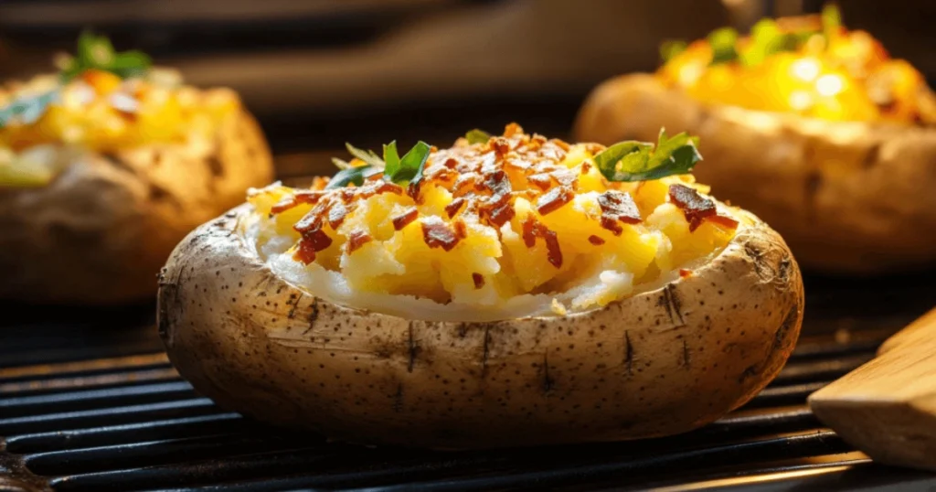 A baked potato with crispy skin and fluffy filling, garnished with melted cheese, bacon bits, and fresh parsley.