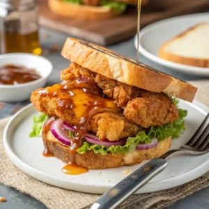 A crispy hot honey chicken sandwich with golden-fried chicken, melted cheddar cheese, lettuce, and red onion, served between two slices of toasted bread with a drizzle of sweet and spicy honey sauce.