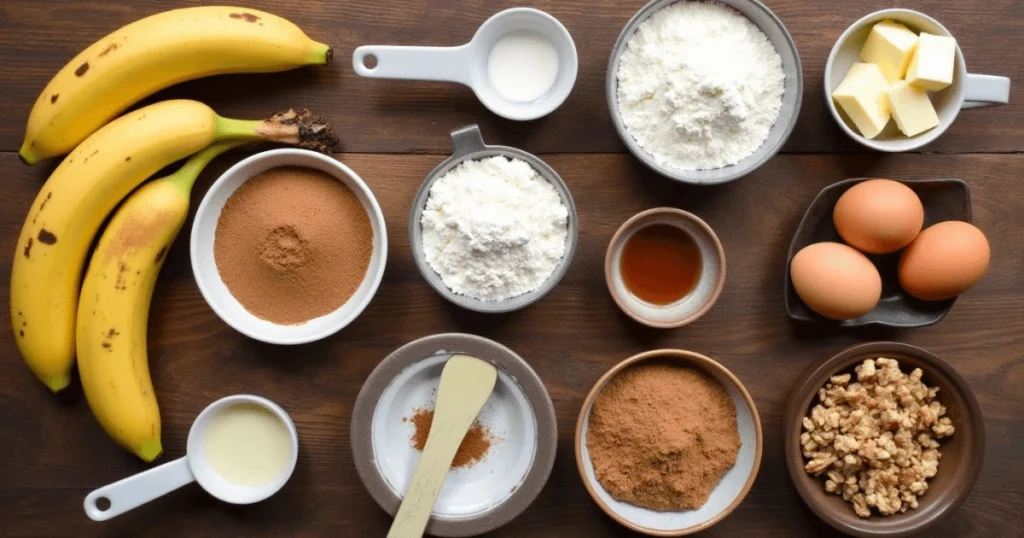 Key ingredients for making cream cheese banana bread with cinnamon topping, including ripe bananas, cream cheese, cinnamon, and sugar