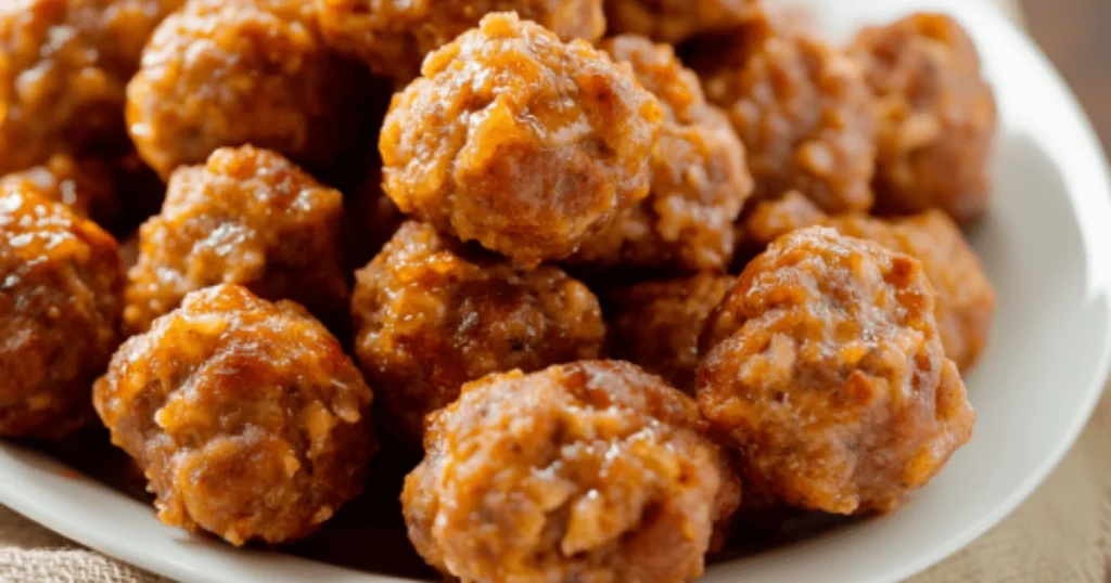 A white plate piled high with freshly baked sausage balls, glistening with melted cheese.