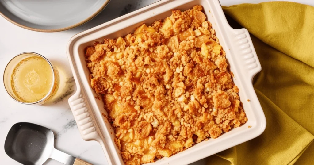 A freshly baked pineapple casserole in a square ceramic dish, featuring a golden crumb topping, placed on a marble countertop with a yellow napkin.