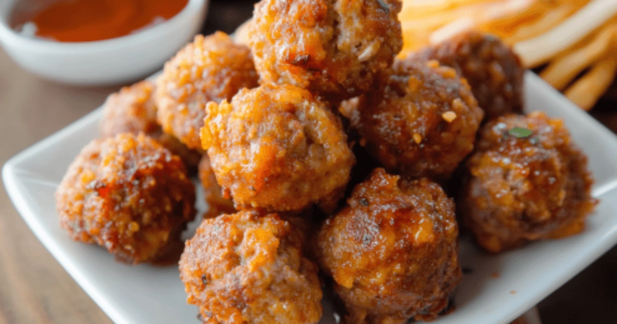 Close-up of golden-brown sausage balls without Bisquick