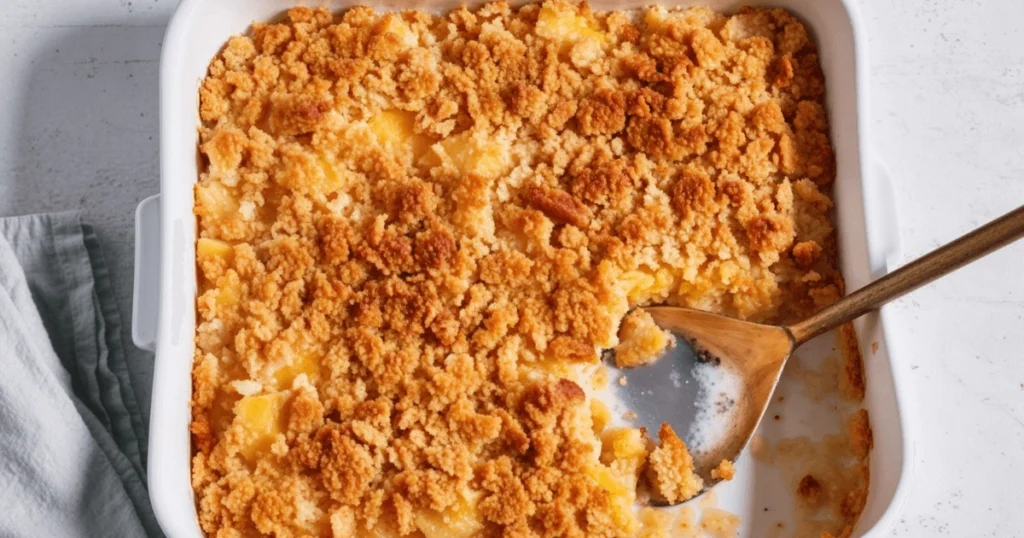 A close-up of a pineapple casserole in a white baking dish with a golden crumb topping, showing a spoon scooping a portion from the corner.